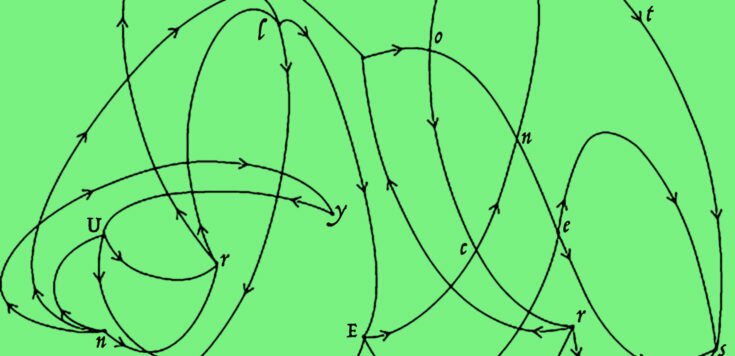 Diagram with letters linked up by curved lines and arrows. The letters spell out unruly encounters. The letters and lines are in black on a bright green background.